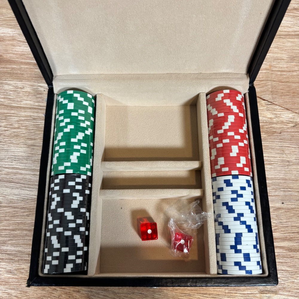 Travel Poker Chip Set Black Faux Leather Case w/ Dice Gaming Set Small Portable